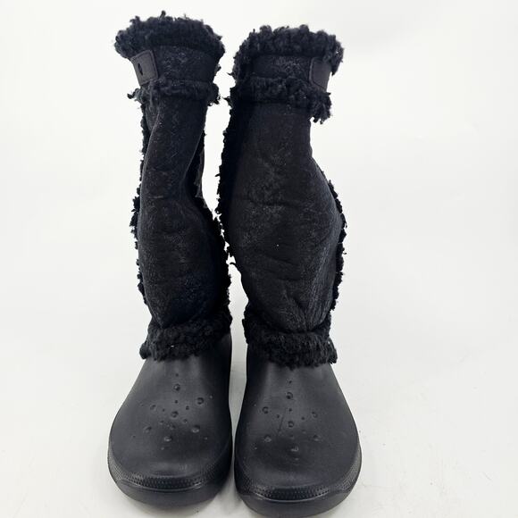Crocs Nadia Pull On Winter Boot Black Rubber Faux Fur Fleece Comfy Cozy Womens 8 - Picture 3 of 9